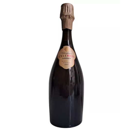Champagnerflasche Gosset Célébris 2007 Extra-Brut, Vorderansicht, goldenes Etikett auf schwarzem Hintergrund
