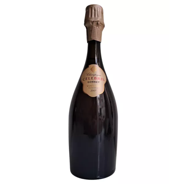 Champagnerflasche Gosset Célébris 2007 Extra-Brut, Vorderansicht, goldenes Etikett auf schwarzem Hintergrund