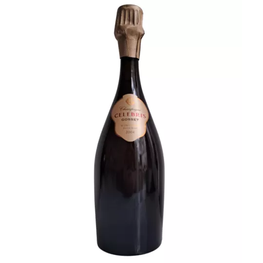 Champagne Gosset Célébris Jahrgang 2004 Extra-Brut, elegante Flasche von vorne gesehen