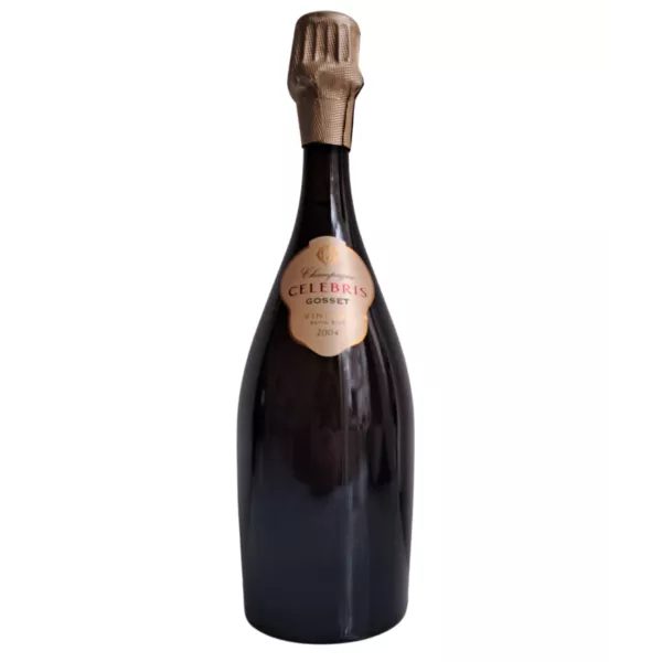 Champagne Gosset Célébris Jahrgang 2004 Extra-Brut, elegante Flasche von vorne gesehen