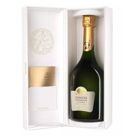 Champagnerflasche Taittinger Comtes de Champagne 2013, Vorderansicht, weißes Etikett und goldene Kapsel