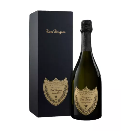 Champagnerflasche Dom Pérignon Jahrgang 2015, Vorderansicht mit goldenem Etikett
