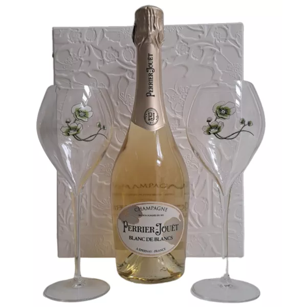 Perrier-Jouët Blanc de Blancs 75cl Champagnerflasche mit zwei Flöten, Vorderansicht