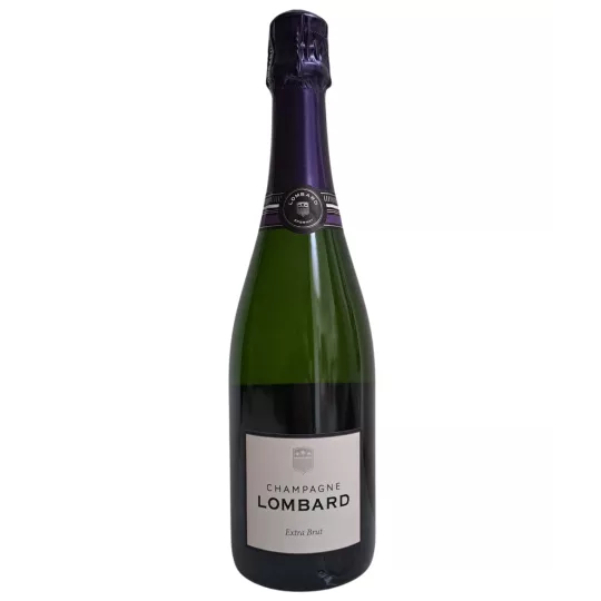 Champagnerflasche Lombard Cuvée Signature Extra-Brut, violette Kapsel, weißes Etikett, Vorderansicht