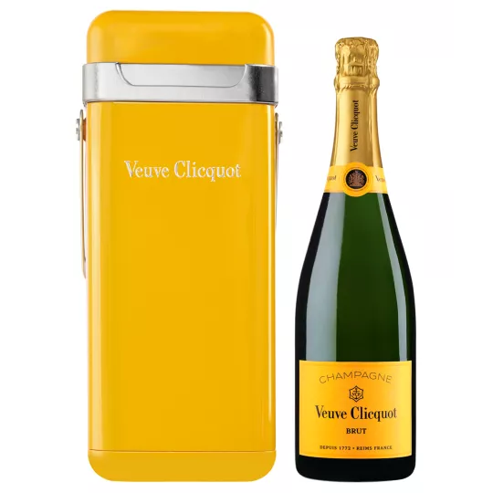 Veuve Clicquot Champagnerflasche mit gelbem isothermischem Etui, Vorderansicht