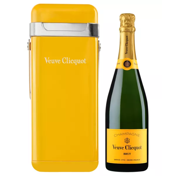 Veuve Clicquot Champagnerflasche mit gelbem isothermischem Etui, Vorderansicht