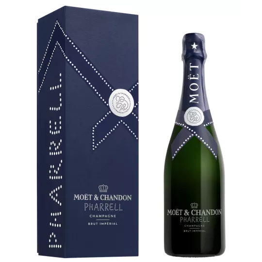 Champagnerflasche Moët & Chandon Brut Impérial Edition Pharrell Williams, Vorderansicht, mit exklusivem Etui