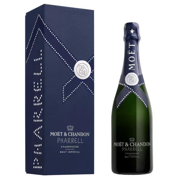 Champagnerflasche Moët & Chandon Brut Impérial Edition Pharrell Williams, Vorderansicht, mit exklusivem Etui