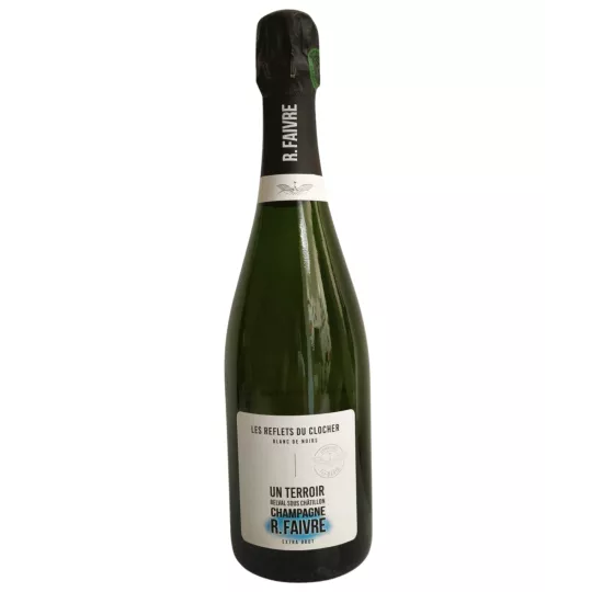 Flasche Champagner R.Faivre Les Reflets du Clocher Extra Brut, weiß-schwarzes Etikett, 750 ml.