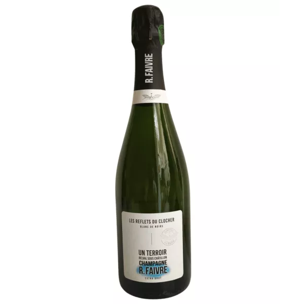 Flasche Champagner R.Faivre Les Reflets du Clocher Extra Brut, weiß-schwarzes Etikett, 750 ml.