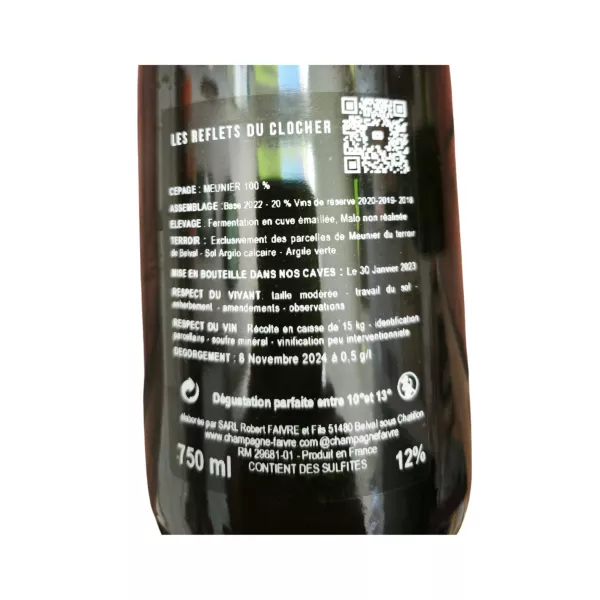 Gegenetikett Champagnerflasche R.Faivre Les Reflets du Clocher Extra Brut, weiß-schwarzes Etikett, 750 ml.