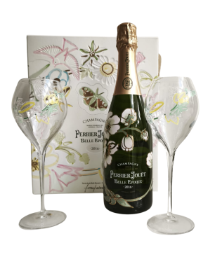 Perrier-Jouët Belle Époque 2016 Champagner Set mit 2 eleganten Flöten - Flasche und Gläser im Jugendstil