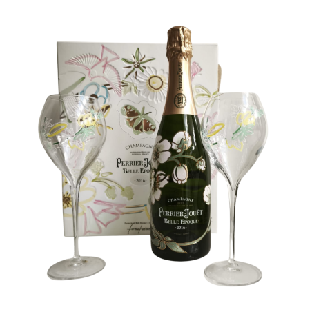 Perrier-Jouët Belle Époque 2016 Champagner Set mit 2 eleganten Flöten - Flasche und Gläser im Jugendstil
