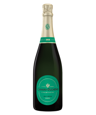 Flasche Champagner Canard-Duchêne Léonie Iconic Brut - Cuvée aus der Iconic-Kollektion, blassgoldene Farbe, Montagne de Reims.