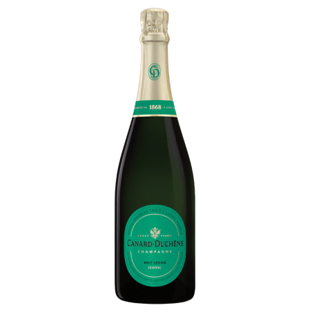 Flasche Champagner Canard-Duchêne Léonie Iconic Brut - Cuvée aus der Iconic-Kollektion, blassgoldene Farbe, Montagne de Reims.