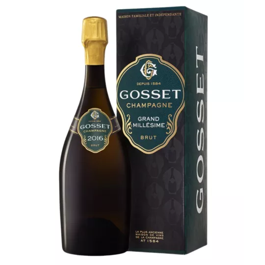 Flasche Gosset Grand Millésime 2016 Champagner - Jahrgangs-Cuvée aus Chardonnay und Pinot Noir.