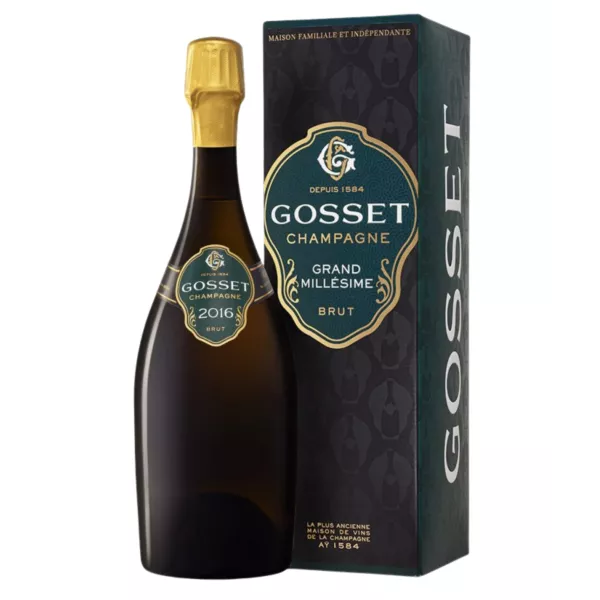 Flasche Gosset Grand Millésime 2016 Champagner - Jahrgangs-Cuvée aus Chardonnay und Pinot Noir.