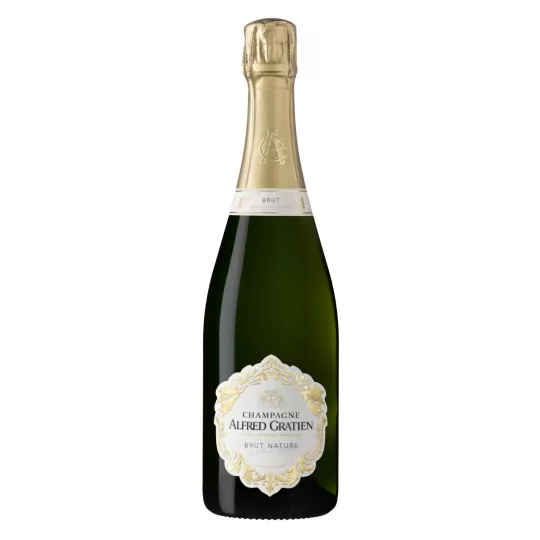 Flasche Alfred Gratien Brut Nature Champagner, eine Null-Dosierungs-Cuvée, die in Eichenfässern in Épernay vinifiziert wird.