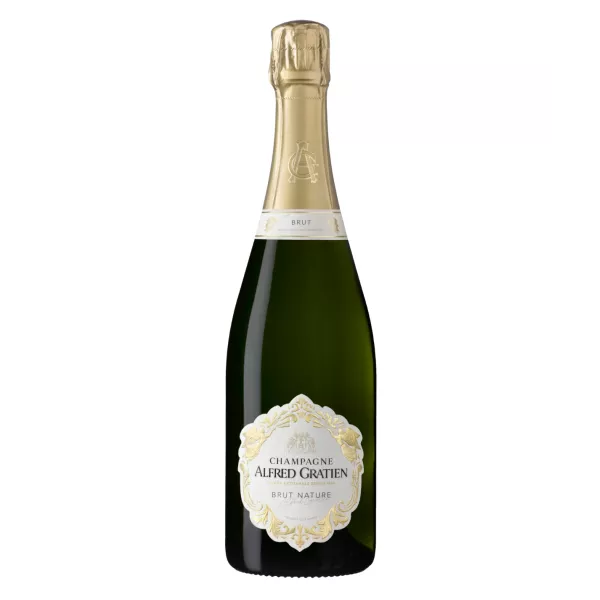 Flasche Alfred Gratien Brut Nature Champagner, eine Null-Dosierungs-Cuvée, die in Eichenfässern in Épernay vinifiziert wird.