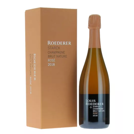 Flasche Champagne Louis Roederer Brut Nature Rosé 2018 by Philippe Starck, blasser Rosé, Jahrgangsedition ohne Dosage.