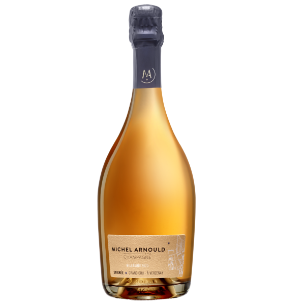 Champagne Michel Arnould Rosé Saignée 2018, transparente Flasche, intensive rosafarbene Robe, Vorderansicht