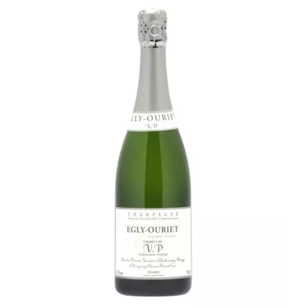 Flasche Champagner Egly-Ouriet Grand Cru VP Extra-Brut, Etikett auf der Vorderseite, längere Reifung