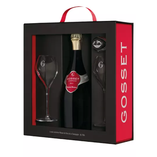 Champagne Gosset Grande Réserve Brut 75cl Flasche, rotes Etikett, Vorderansicht