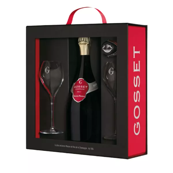 Champagne Gosset Grande Réserve Brut 75cl Flasche, rotes Etikett, Vorderansicht