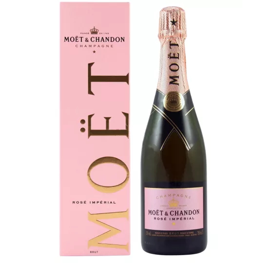 Champagnerflasche Moët & Chandon Rosé Impérial, Vorderansicht, rosafarbenes Etikett und passende Kapsel