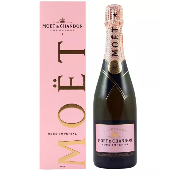 Champagnerflasche Moët & Chandon Rosé Impérial, Vorderansicht, rosafarbenes Etikett und passende Kapsel