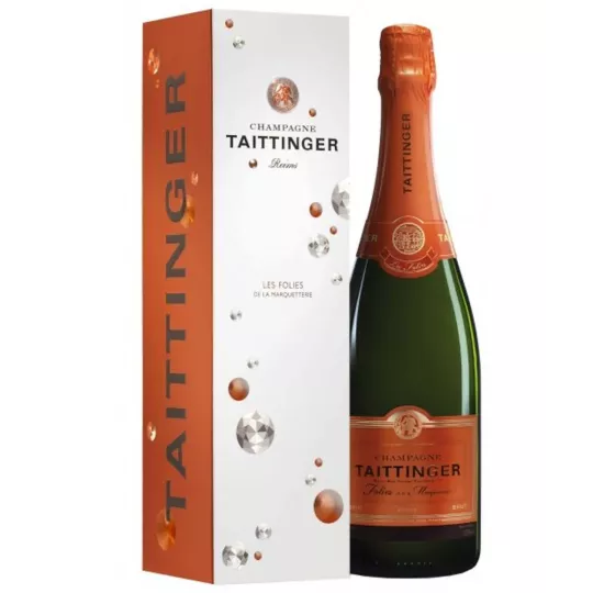 Champagnerflasche Taittinger Folies de la Marquetterie, kupferfarbenes Etikett, Vorderansicht