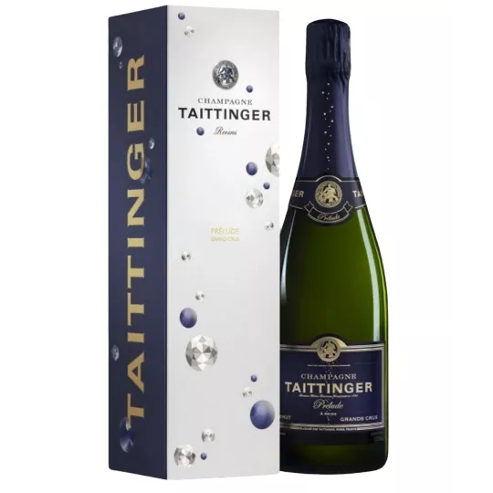Taittinger Prélude Grands Crus Champagnerflasche, Vorderansicht, weißes und goldenes Etikett
