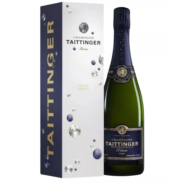 Taittinger Prélude Grands Crus Champagnerflasche, Vorderansicht, weißes und goldenes Etikett