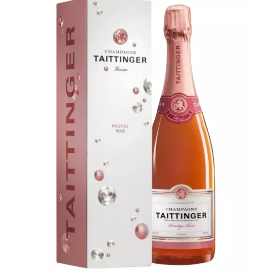 Champagnerflasche Taittinger Prestige Rosé, Vorderansicht, sichtbares Etikett