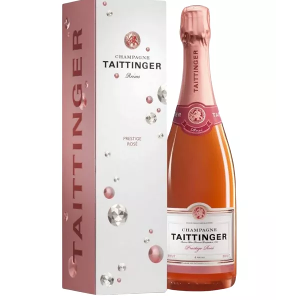 Champagnerflasche Taittinger Prestige Rosé, Vorderansicht, sichtbares Etikett
