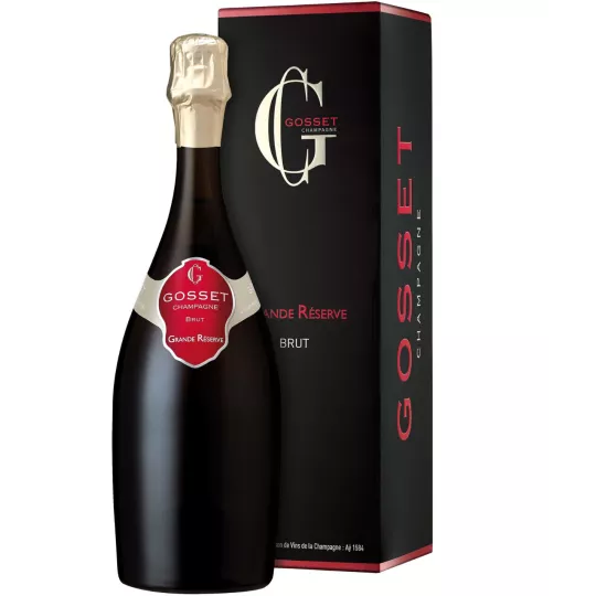 Champagnerflasche Gosset Grande Réserve Brut, Vorderansicht, markantes rotes Etikett