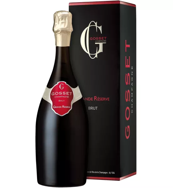 Champagne Gosset Grande Réserve Brut Magnum-Flasche, Vorderansicht mit rotem Etikett und goldener Kapsel