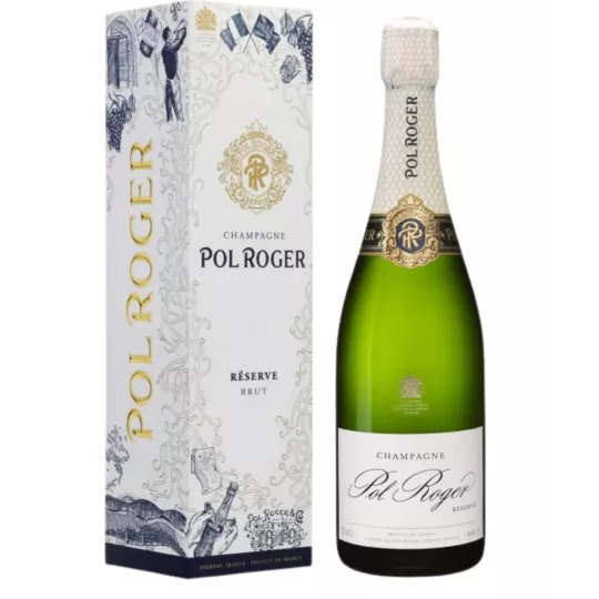 Pol Roger Réserve Brut Magnum Champagnerflasche 1,5L, weißes Etikett und goldene Kapsel, Vorderansicht