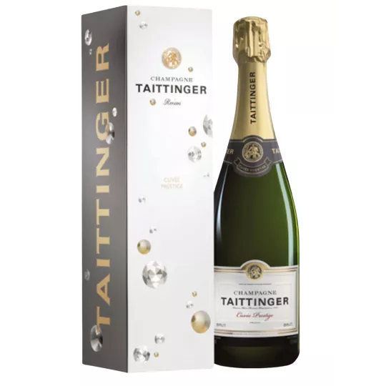 1,5L Taittinger Brut Prestige Magnum Champagnerflasche mit weißem und goldenem Etikett, von vorne gesehen