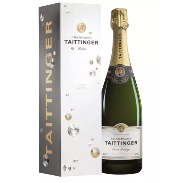 1,5L Taittinger Brut Prestige Magnum Champagnerflasche mit weißem und goldenem Etikett, von vorne gesehen