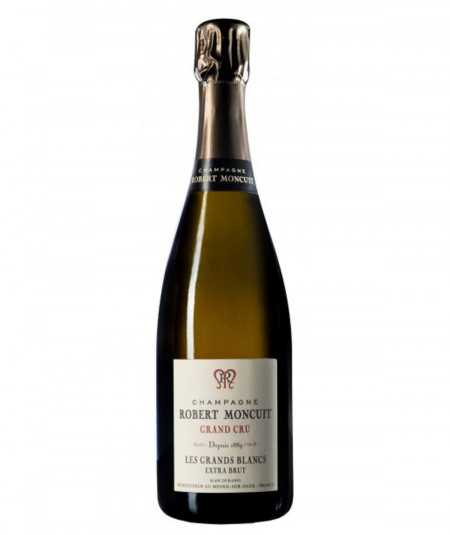 Flasche Champagner Robert Moncuit Blanc De Blancs mit Gläsern.