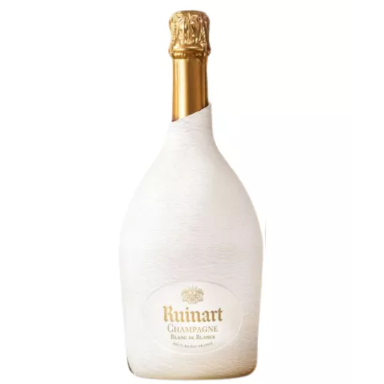Ruinart Blanc de Blancs Champagnerflasche mit Seconde Peau weißem Etui, Vorderansicht