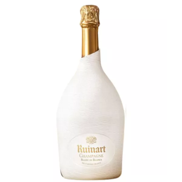 Ruinart Blanc de Blancs Champagnerflasche mit Seconde Peau weißem Etui, Vorderansicht