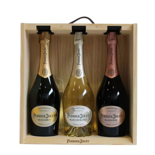 PERRIER-JOUËT Champagner Geschenkset 3 Flaschen, Grand Brut, Blanc de Blancs, Blason Rosé