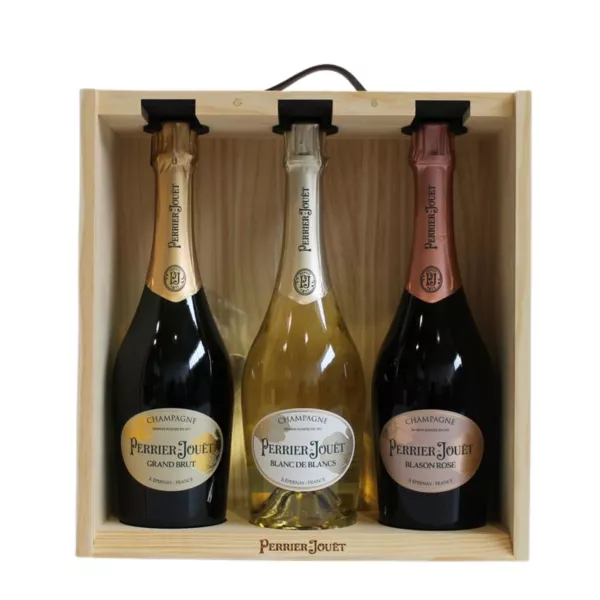 PERRIER-JOUËT Champagner Geschenkset 3 Flaschen, Grand Brut, Blanc de Blancs, Blason Rosé