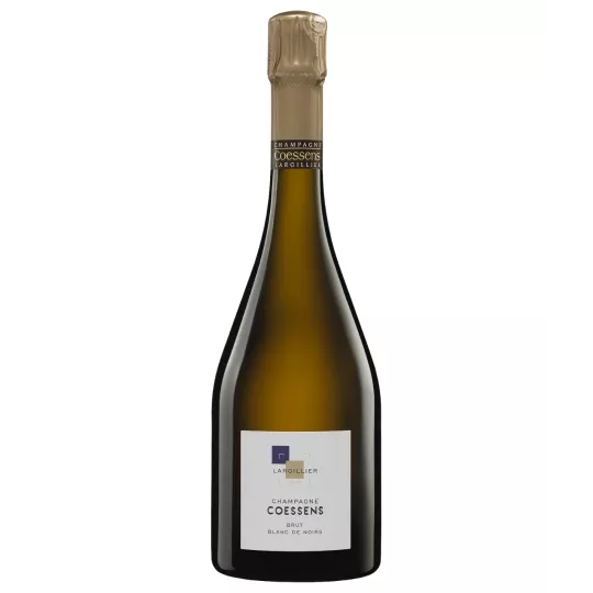 Flasche Champagne Coessens Brut Blanc de Noirs, Vorderansicht, weißes Etikett, goldene Kapsel