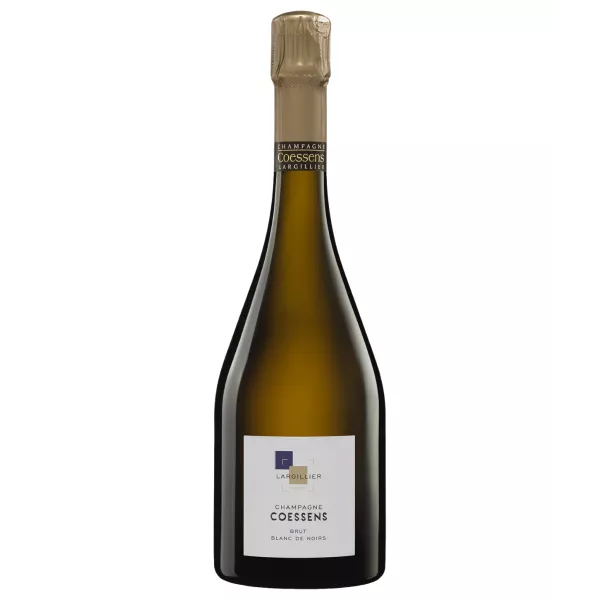 Flasche Champagne Coessens Brut Blanc de Noirs, Vorderansicht, weißes Etikett, goldene Kapsel