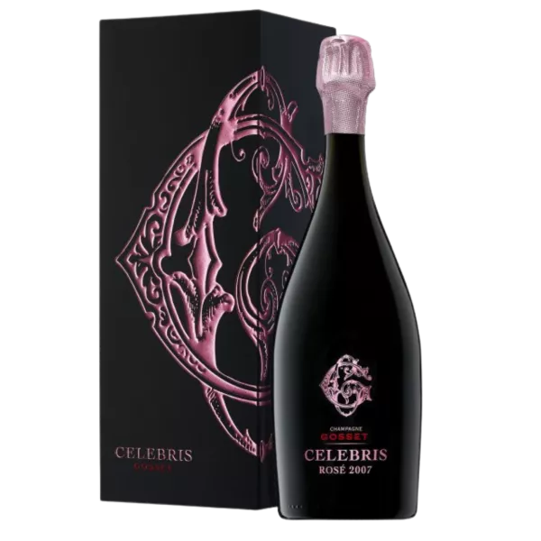Champagnerflasche Gosset Célébris Rosé Extra-Brut 2008, von vorne gesehen, schwarzes und rosafarbenes Etikett